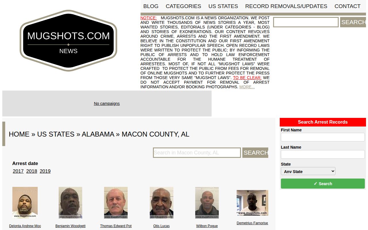 Unofficial archival Macon County mugshot source with old date filters